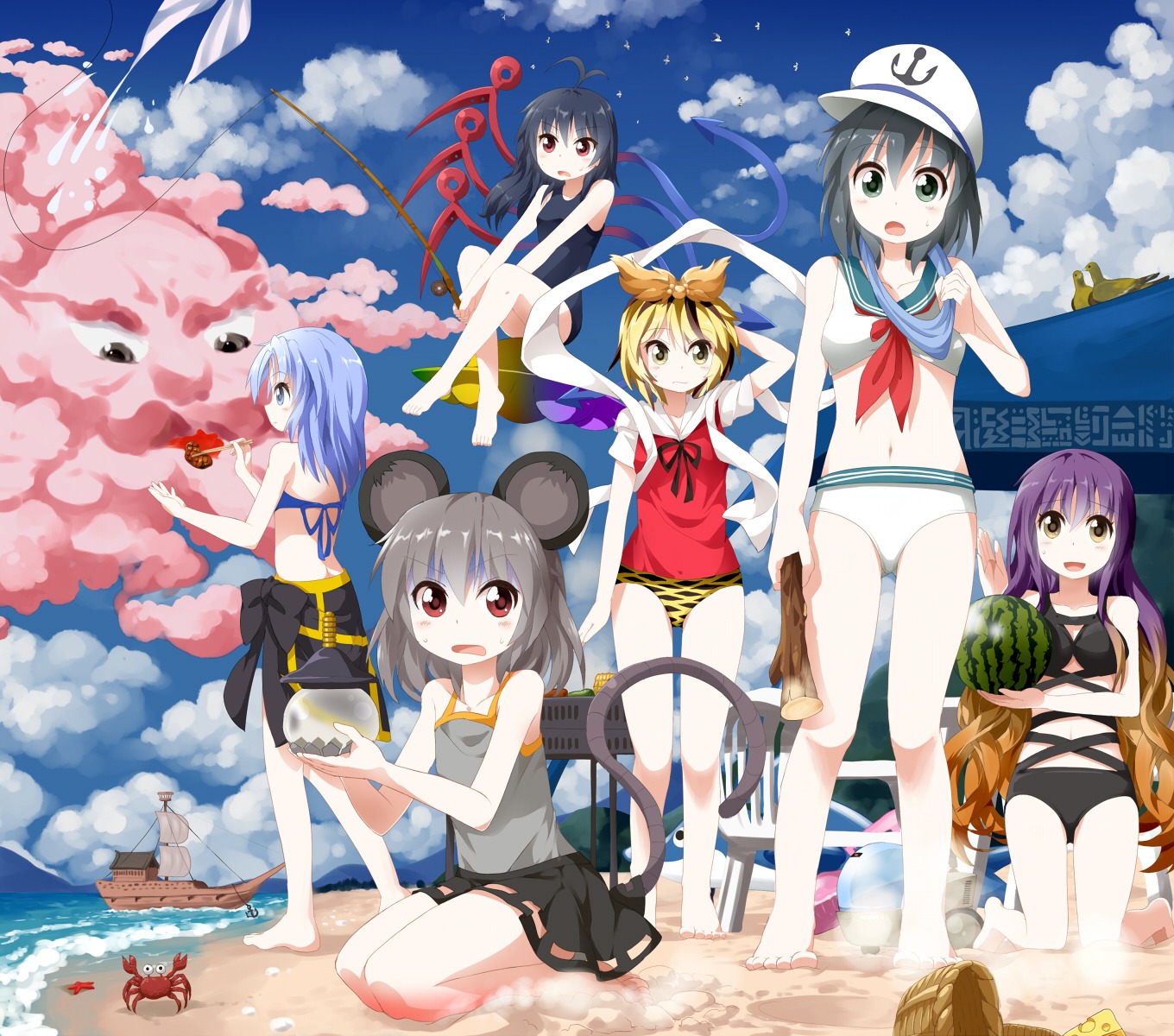 animal_ears, bikini, hijiri_byakuren, houjuu_nue, kumoi_ichirin, murasa_minamitsu, nazrin, swimsuits