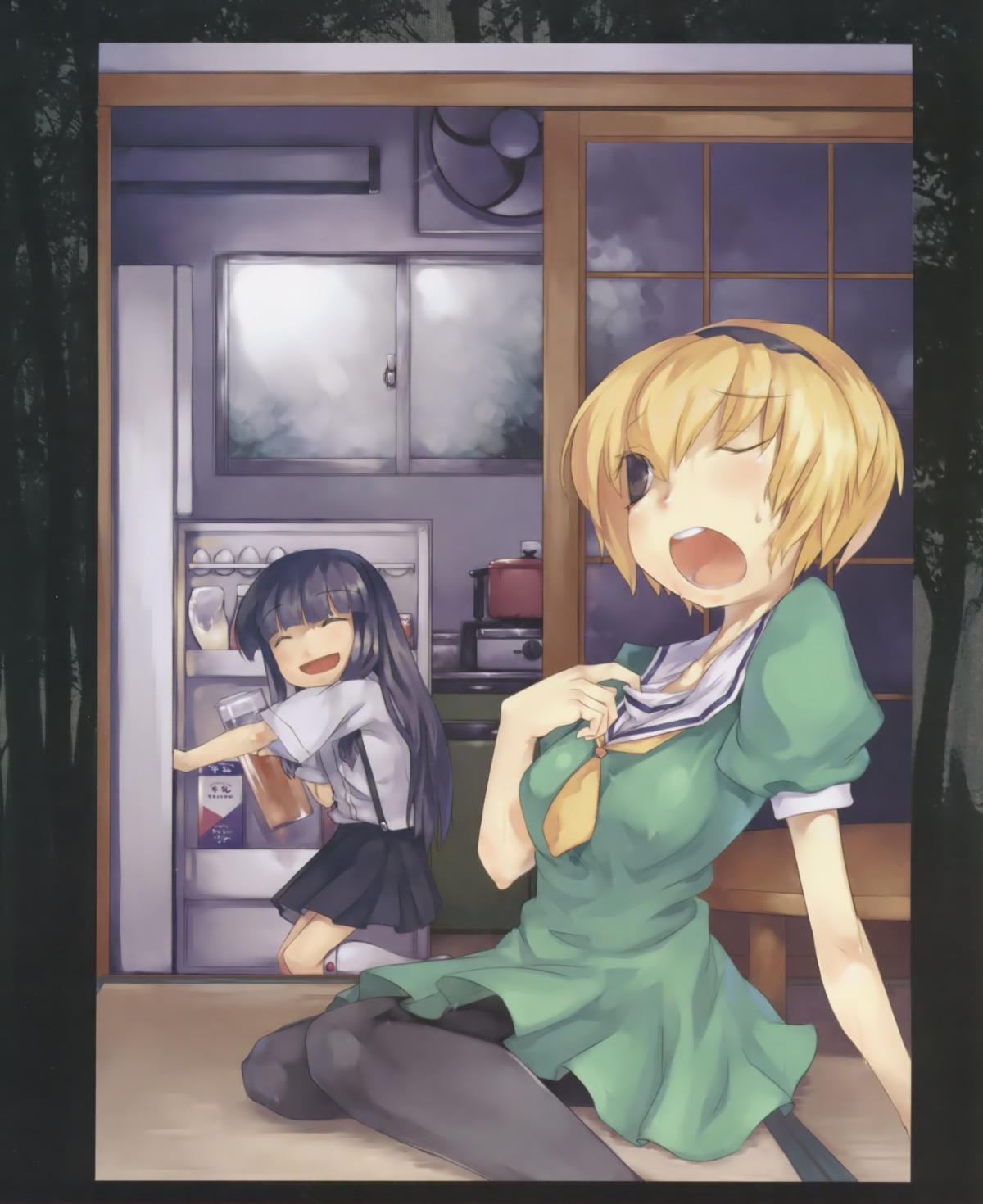 furude_rika, higurashi_no_naku_koro_ni, houjou_satoko, mikage_sekizai, seifuku