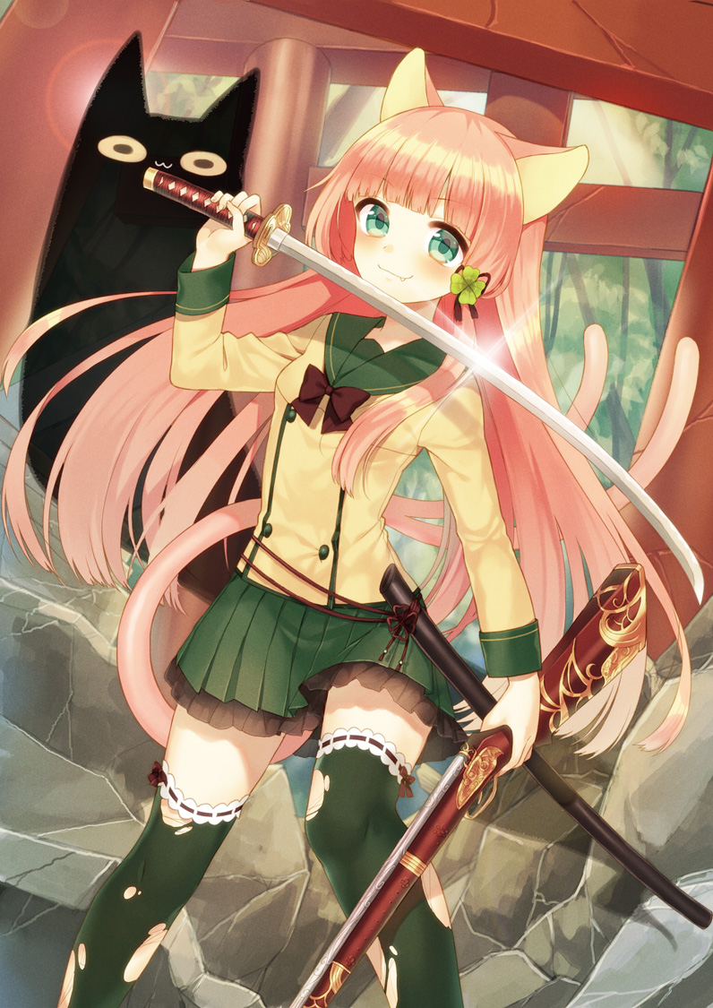 animal_ears, garter, gun, midorikawa_you, neko, nekomimi, seifuku, sword