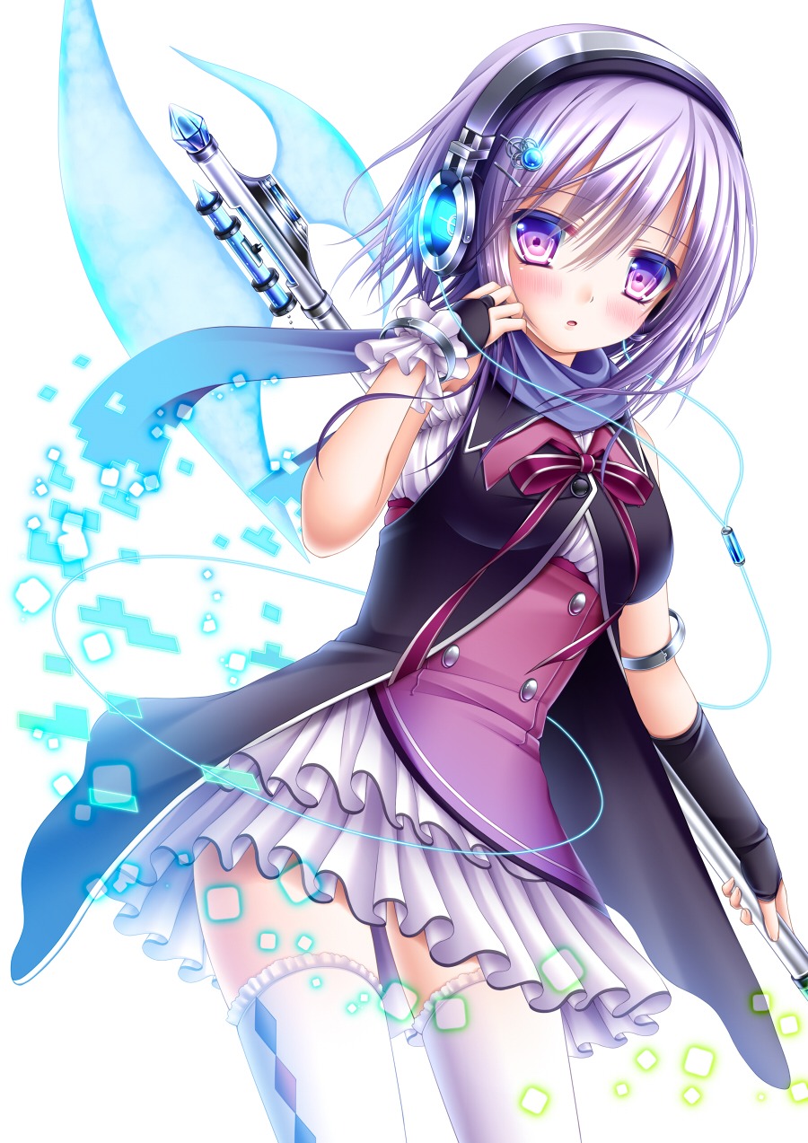 headphones, shitou, thighhighs, weapon