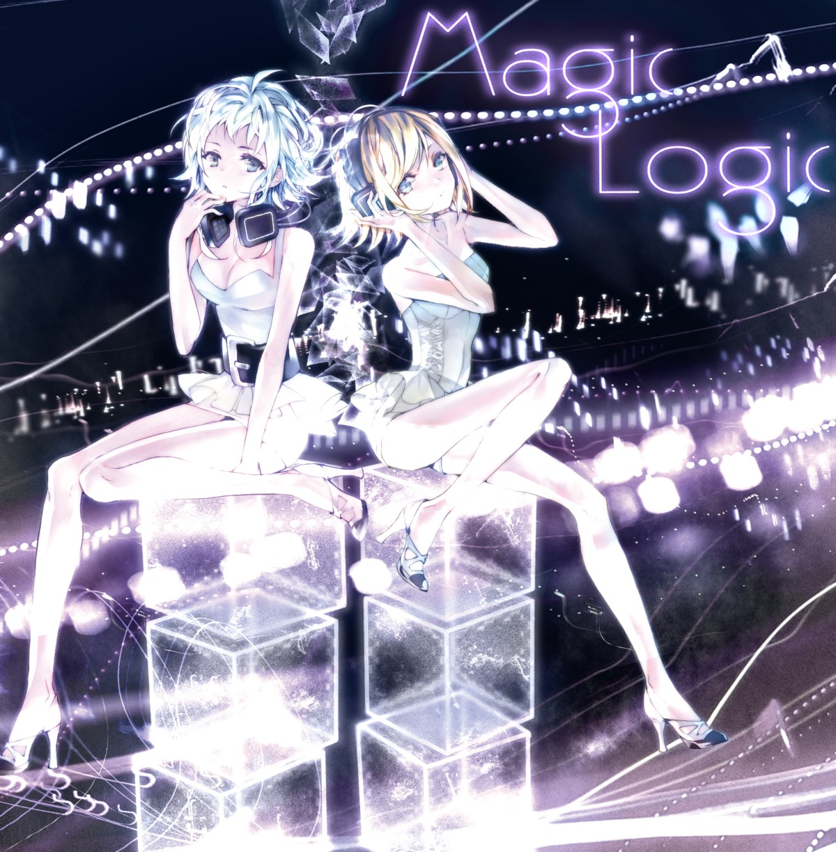 cleavage, dress, ebisu_kana, gumi, headphones, kagamine_rin, vocaloid