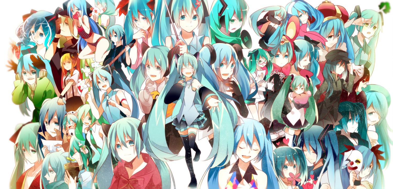 1925_(vocaloid), black_rock_shooter, black_rock_shooter_(character), bottle_miku, hatsune_miku, karakuri_pierrot_(vocaloid), koi_wa_sensou_(vocaloid), lots_of_laugh_(vocaloid), matryoshka_(vocaloid), miku_append, musunde_hiraite_rasetsu_to_mukuro_(vocaloid), odds_&_ends_(vocaloid), omutatsu, rolling_girl_(vocaloid), romeo_and_cinderella_(vocaloid), senbon-zakura_(vocaloid), shinkai_shoujo_(vocaloid), tell_your_world_(vocaloid), vocaloid