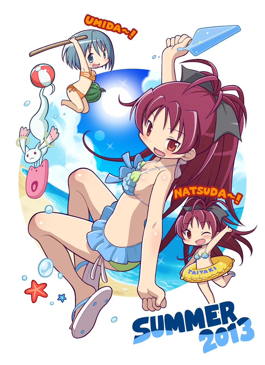 bikini, chibi, gecchu, kyubey, mahou_shoujo_madoka_magica, miki_sayaka, sakura_kyouko, swimsuits