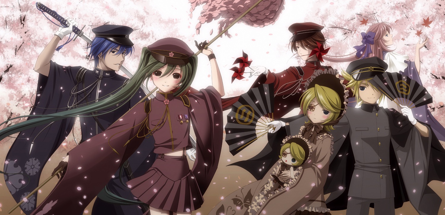 eyepatch, hatsune_miku, itto_maru, japanese_clothes, kagamine_len, kagamine_rin, kaito, megurine_luka