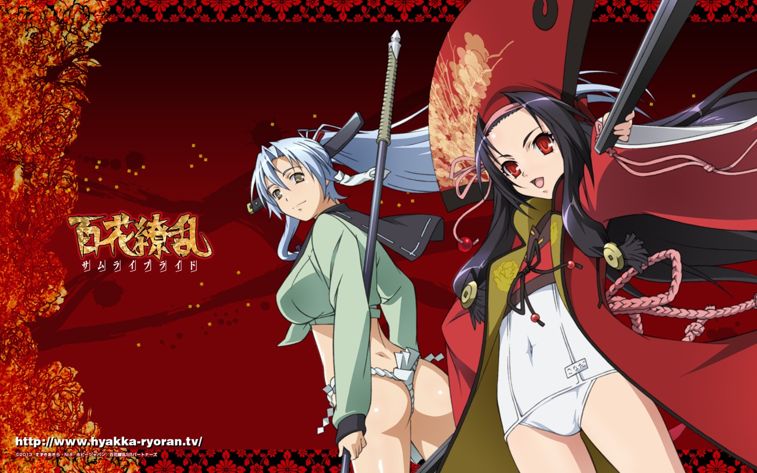 ass, fundoshi, gotou_matabei_(hyakka_ryouran), gotou_mototsugu, hyakka_ryouran_samurai_girls, sanada_yukimura, sanada_yukimura_(hyakka_ryouran), school_swimsuit