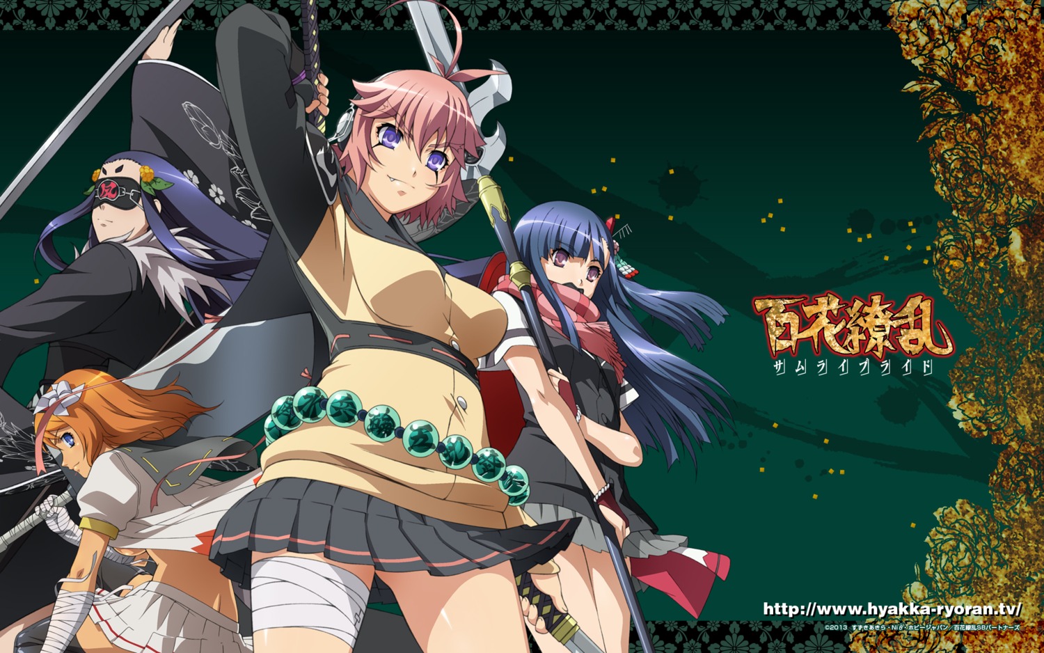 araki_mataemon, houzouin_inshun, hyakka_ryouran_samurai_girls, miyamoto_musashi_(hyakka_ryouran), sasaki_kojirou, sword, wallpaper, weapon