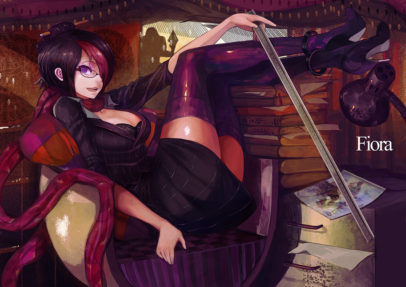 bra, cleavage, danann, fiora, league_of_legends, megane, thighhighs