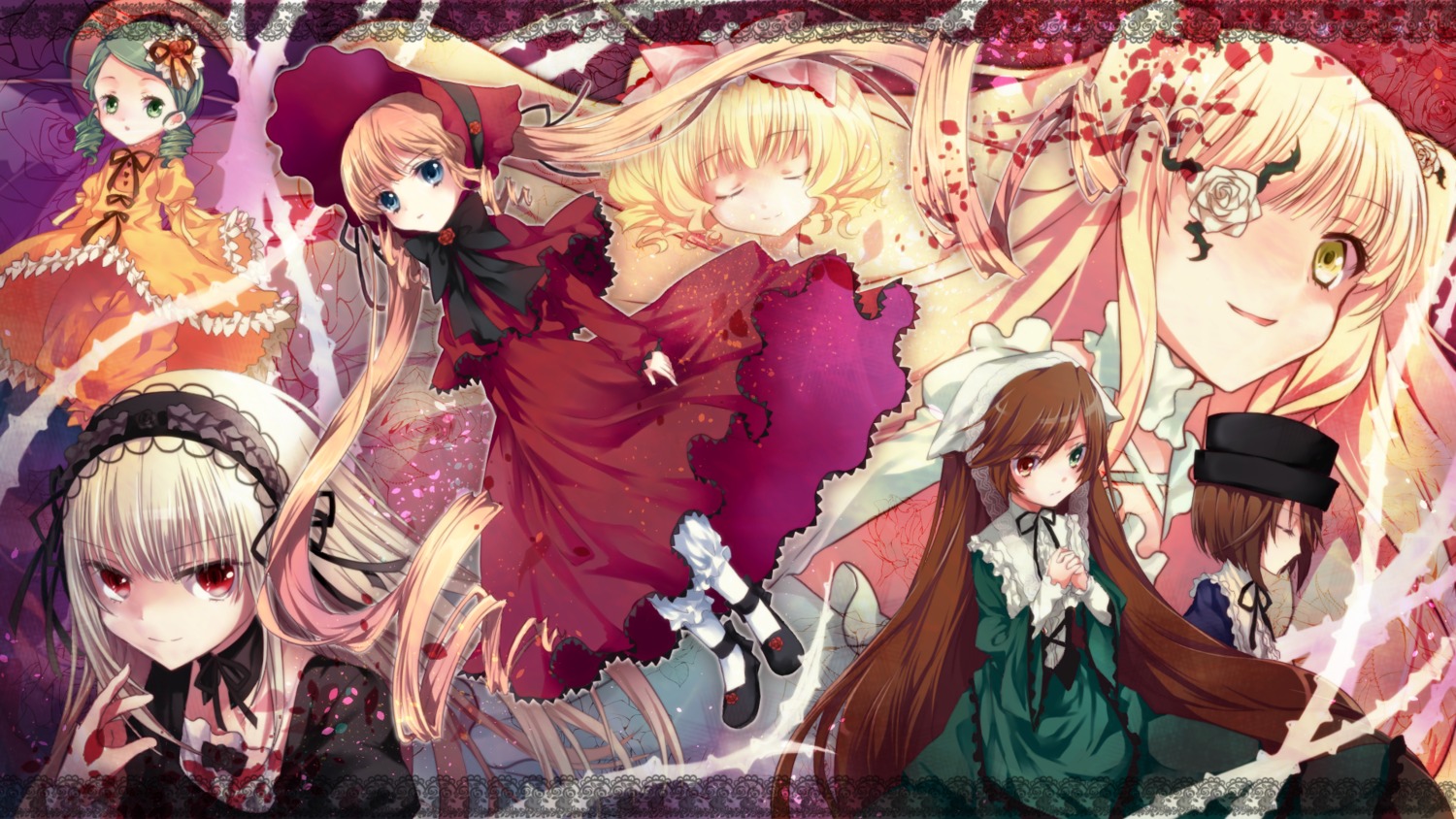 gothic_lolita, heterochromia, hinaichigo, kanaria, kirakishou, lolita_fashion, miyako_takashi, rozen_maiden, shinku, souseiseki, suigintou, suiseiseki, wallpaper