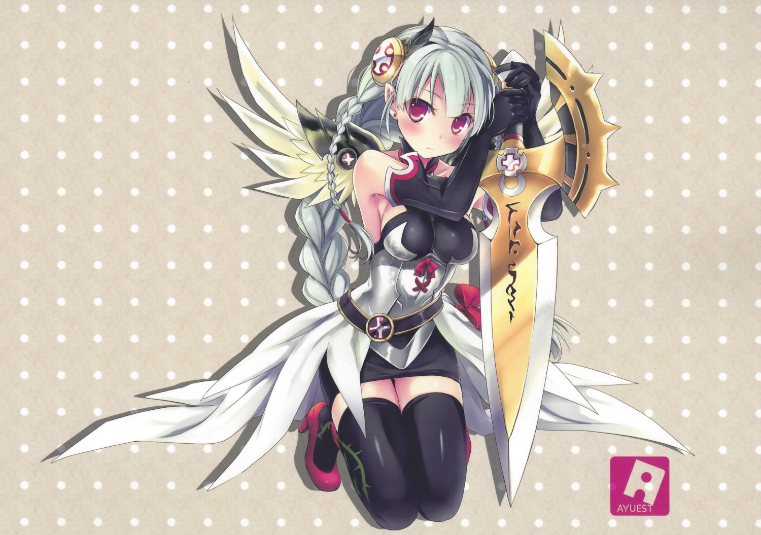 ayuest, ayuya, overfiltered, princess_valkyrie, puzzle_&_dragons, sword, thighhighs, wings