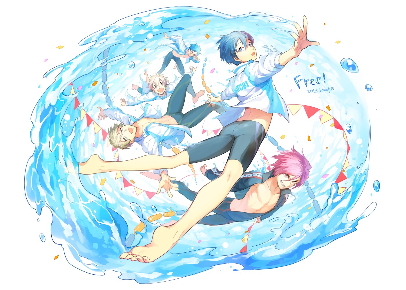 free!, hazuki_nagisa, inooka, male, matsuoka_rin, nanase_haruka, ryugazaki_rei, swimsuits, tachibana_makoto