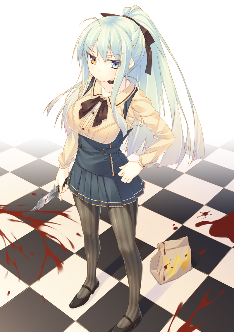 blood, heterochromia, kazushiki_midori, pantyhose, seifuku, weapon