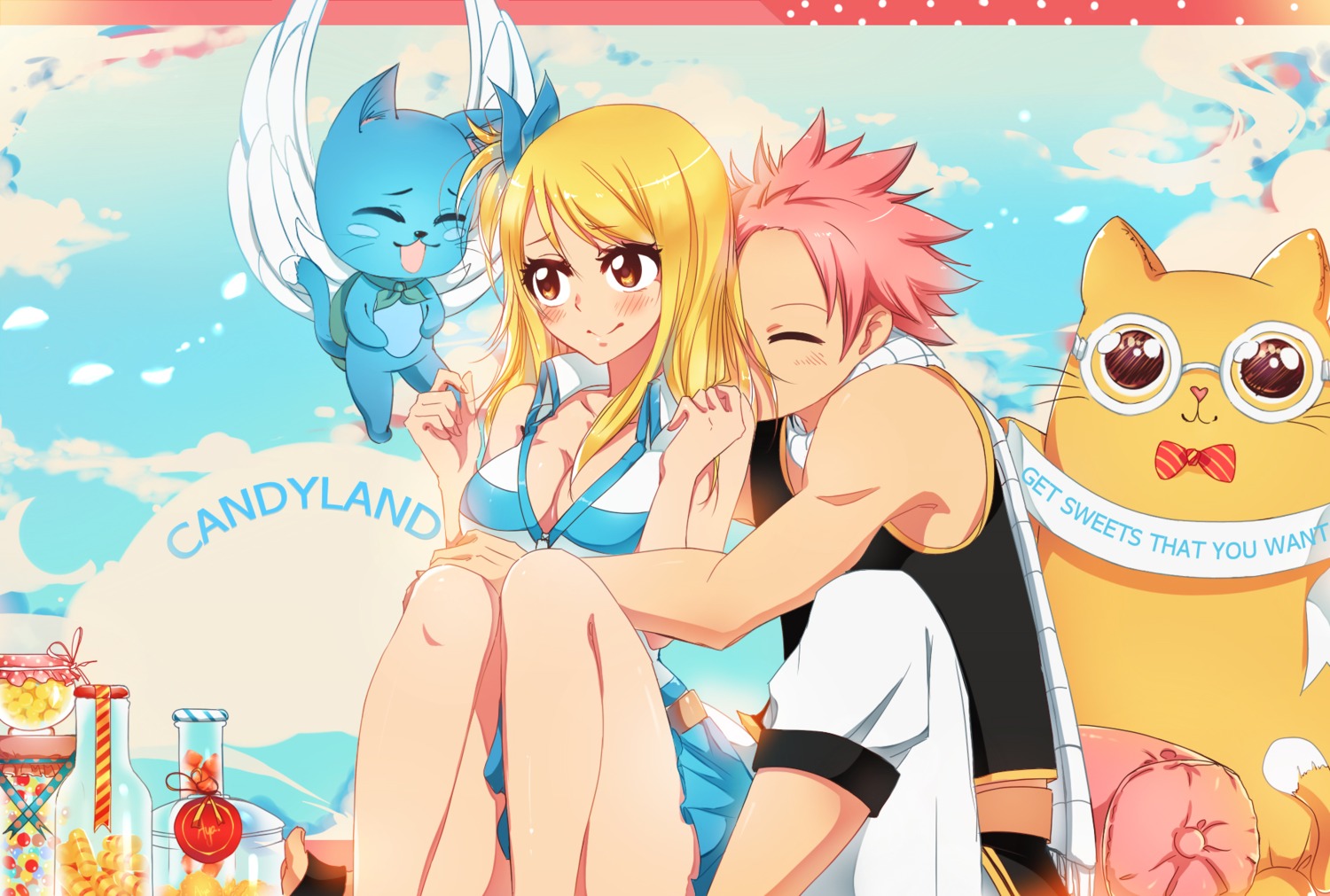 cleavage, fairy_tail, happy_(fairy_tail), kristallin-f, lucy_heartfilia, megane, natsu_dragneel, neko