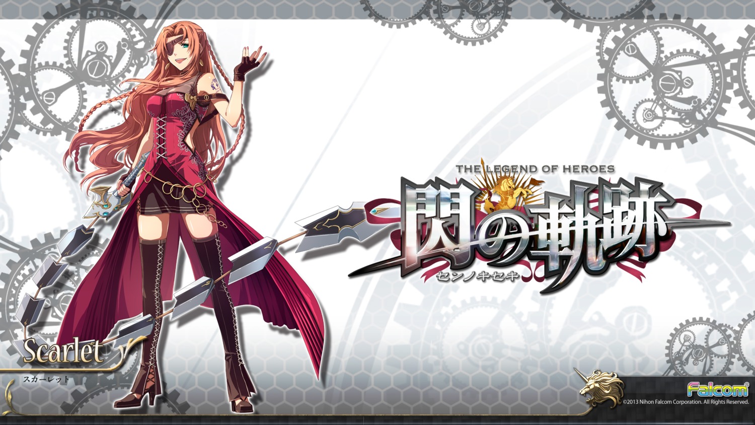 dress, eiyuu_densetsu, eiyuu_densetsu:_sen_no_kiseki, enami_katsumi, eyepatch, falcom, scarlet, thighhighs, wallpaper, weapon