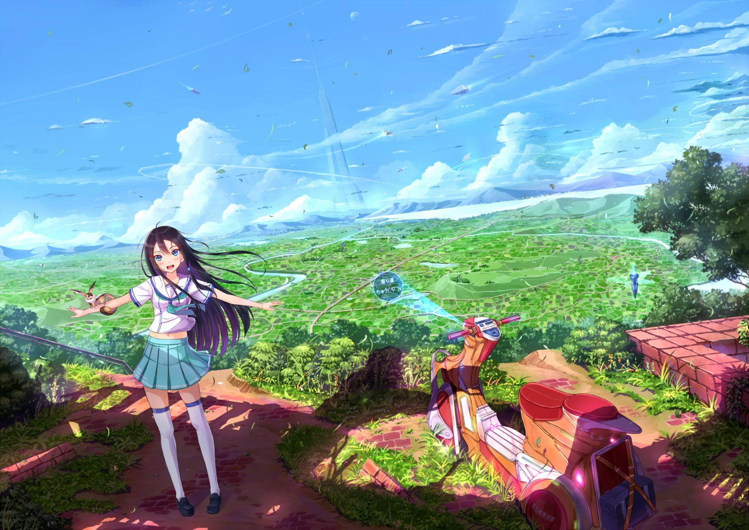 kazeno, landscape, seifuku, thighhighs