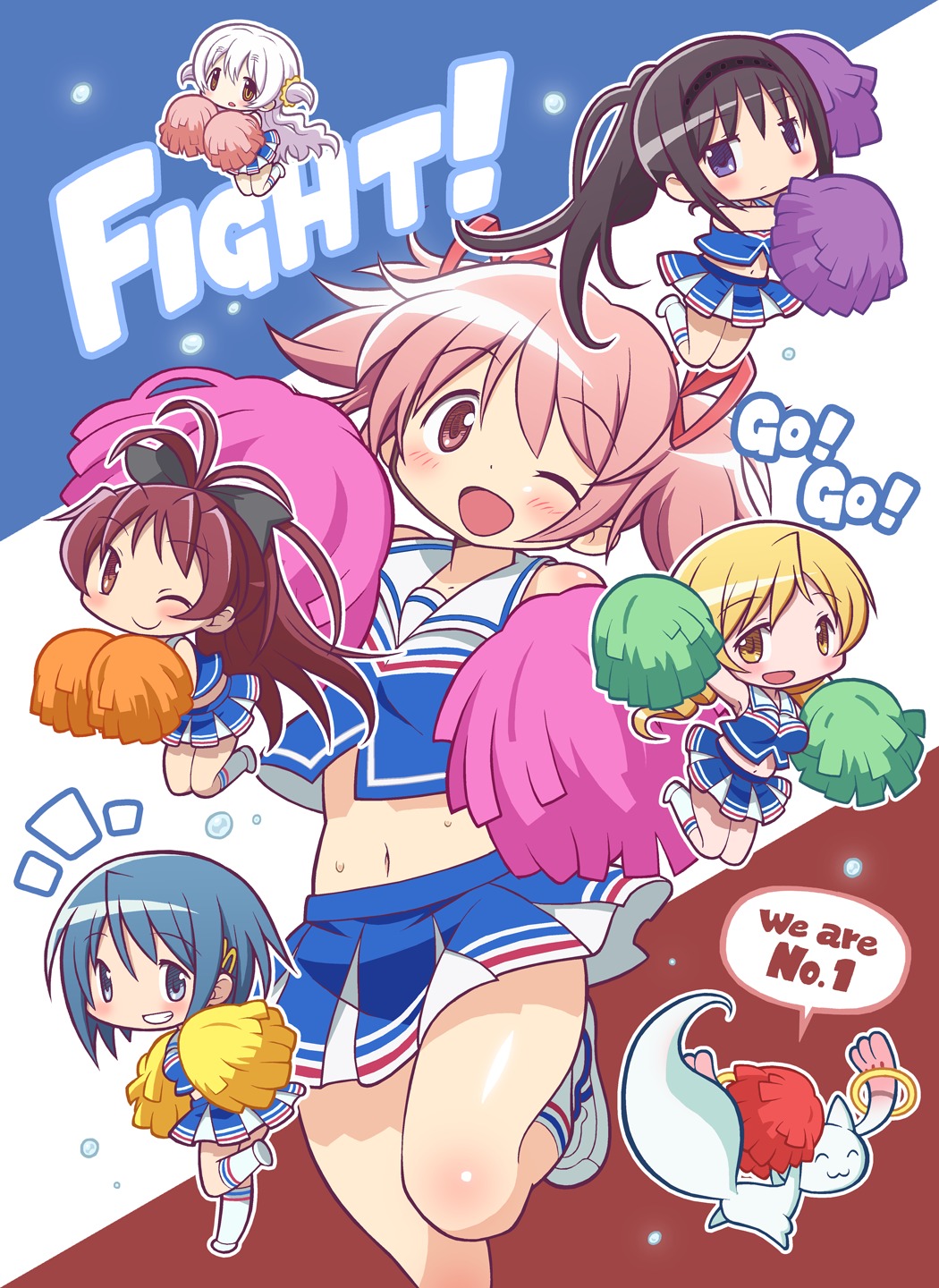 akemi_homura, cheerleader, chibi, gecchu, kaname_madoka, kyubey, mahou_shoujo_madoka_magica, miki_sayaka, momoe_nagisa, sakura_kyouko, tomoe_mami