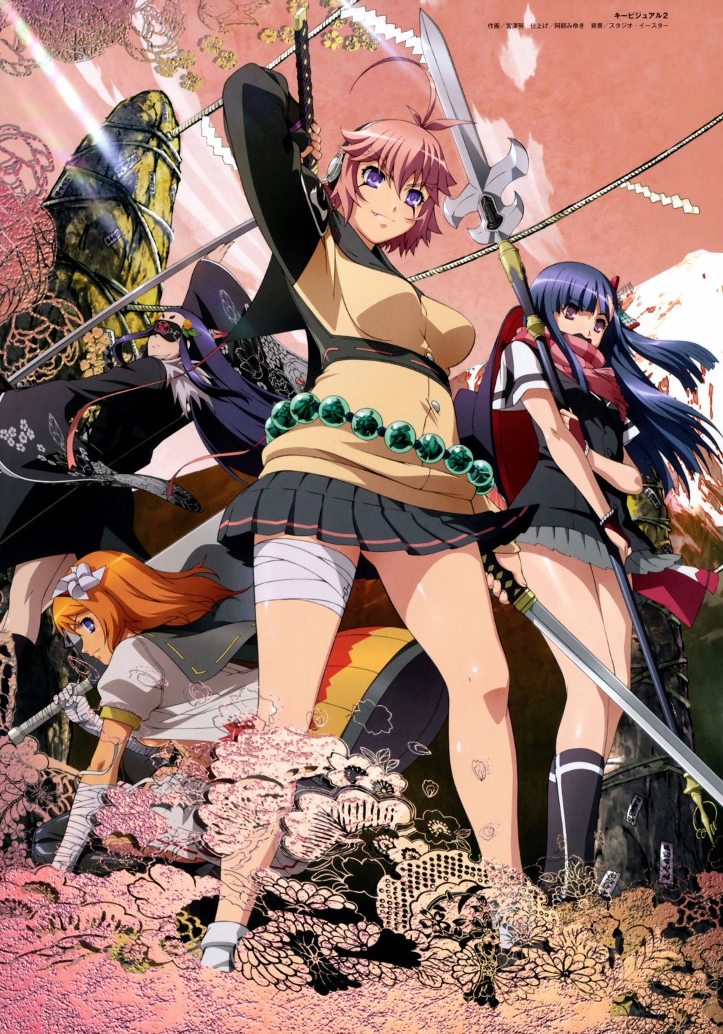 araki_mataemon, bandages, houzouin_inshun, hyakka_ryouran_samurai_girls, miyamoto_musashi_(hyakka_ryouran), miyazawa_tsutomu, sasaki_kojirou, sword, weapon