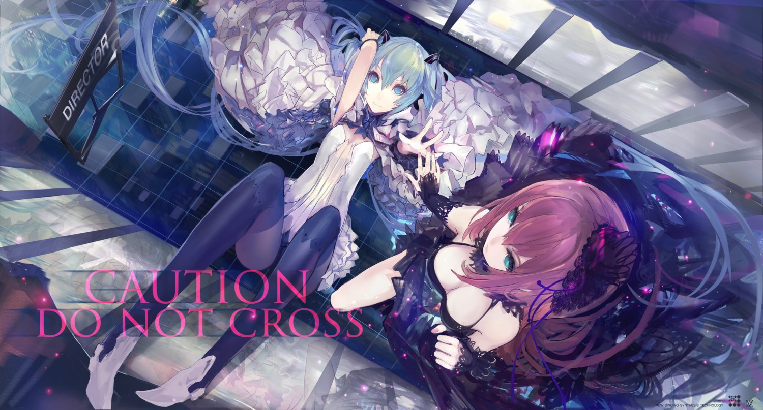 cleavage, dress, hatsune_miku, kiwamu, megurine_luka, vocaloid