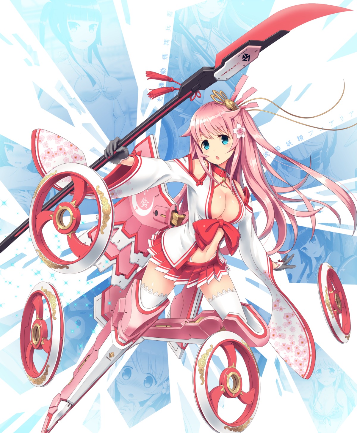asian_clothes, cleavage, daizo, mecha_musume, thighhighs, weapon