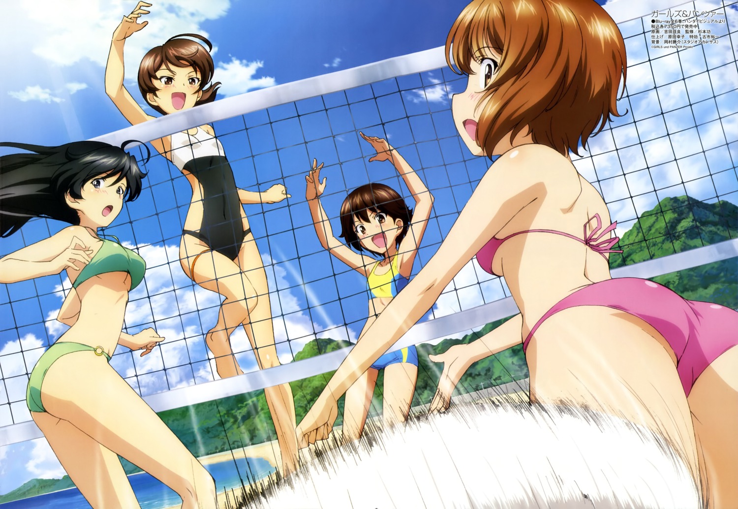 ass, bikini, garter, girls_und_panzer, isobe_noriko, isuzu_hana, kawanishi_shinobu, nishizumi_miho, swimsuits, underboob, yoshida_nobuyoshi