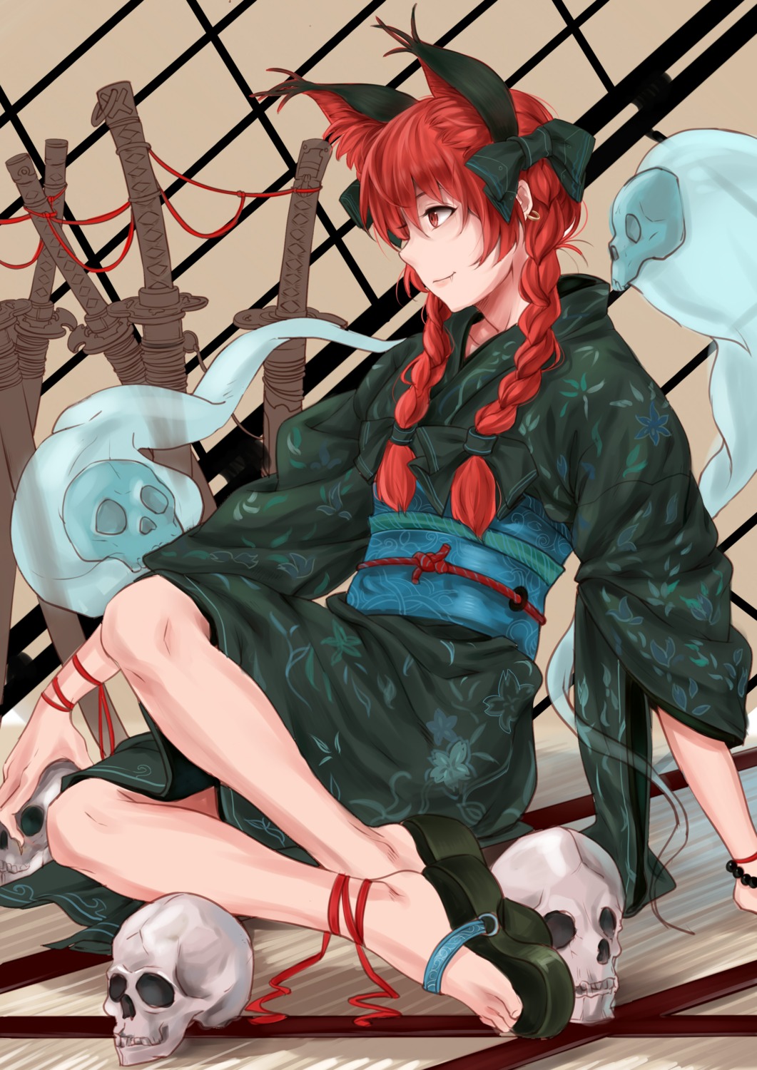 kaenbyou_rin, kimono, kurohane, sword, touhou