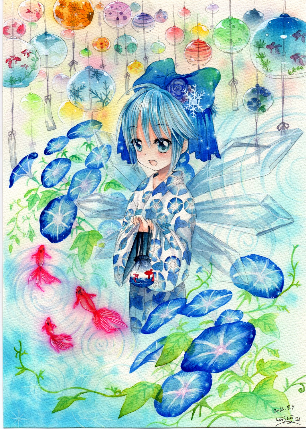 cirno, kimono, mosho, paper_texture, touhou, wings