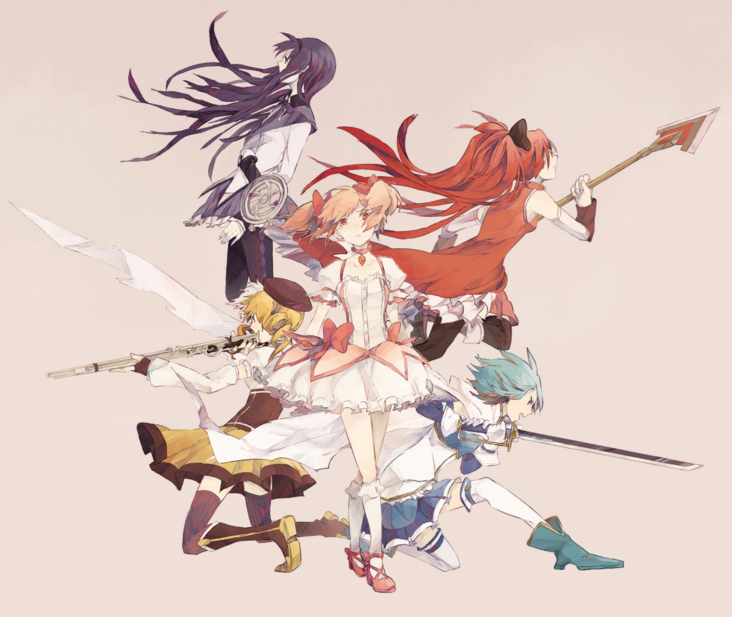 akemi_homura, gun, kaname_madoka, mahou_shoujo_madoka_magica, miki_sayaka, o-ishi, sakura_kyouko, sword