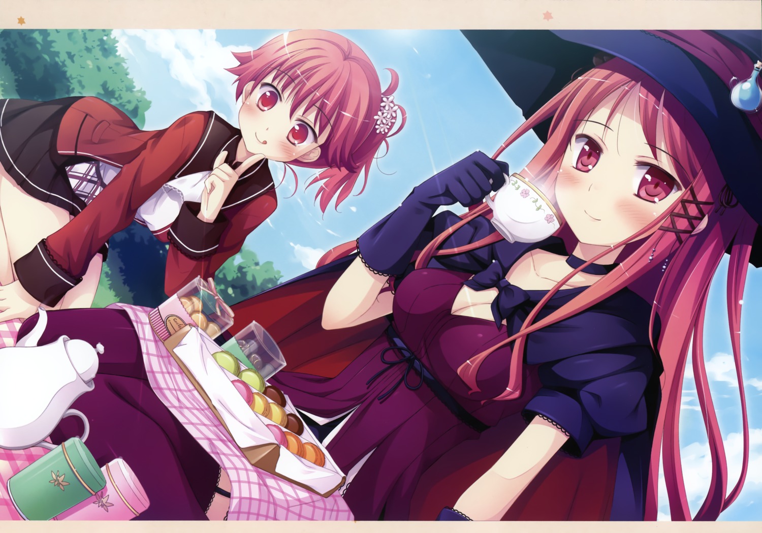 cleavage, dress, hinomiya_ayari, konno_koharu, ko~cha, seifuku, stockings, thighhighs, windmill_oasis, witch, witch's_garden