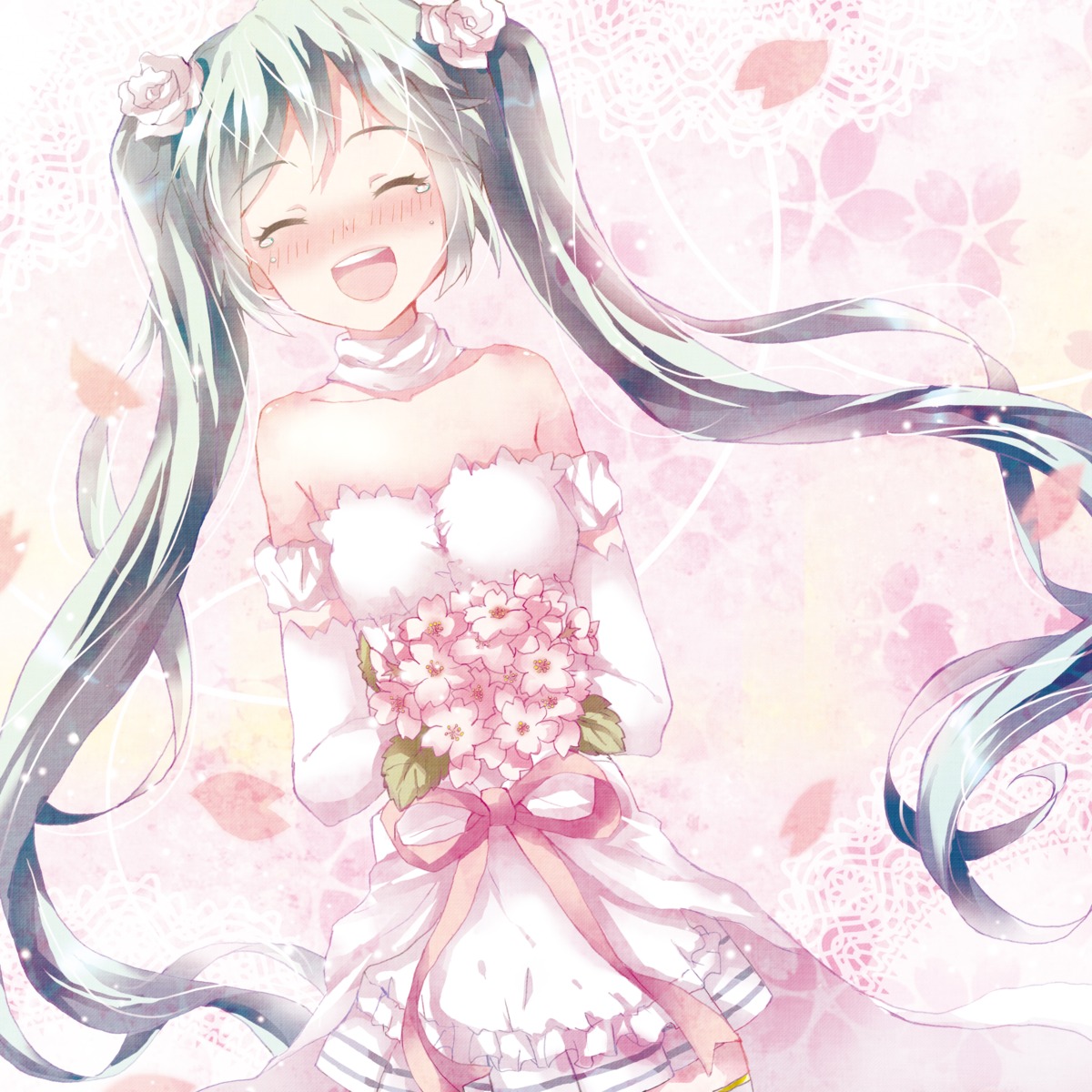 cleavage, dress, hatsune_miku, tottsuan, vocaloid, wedding_dress