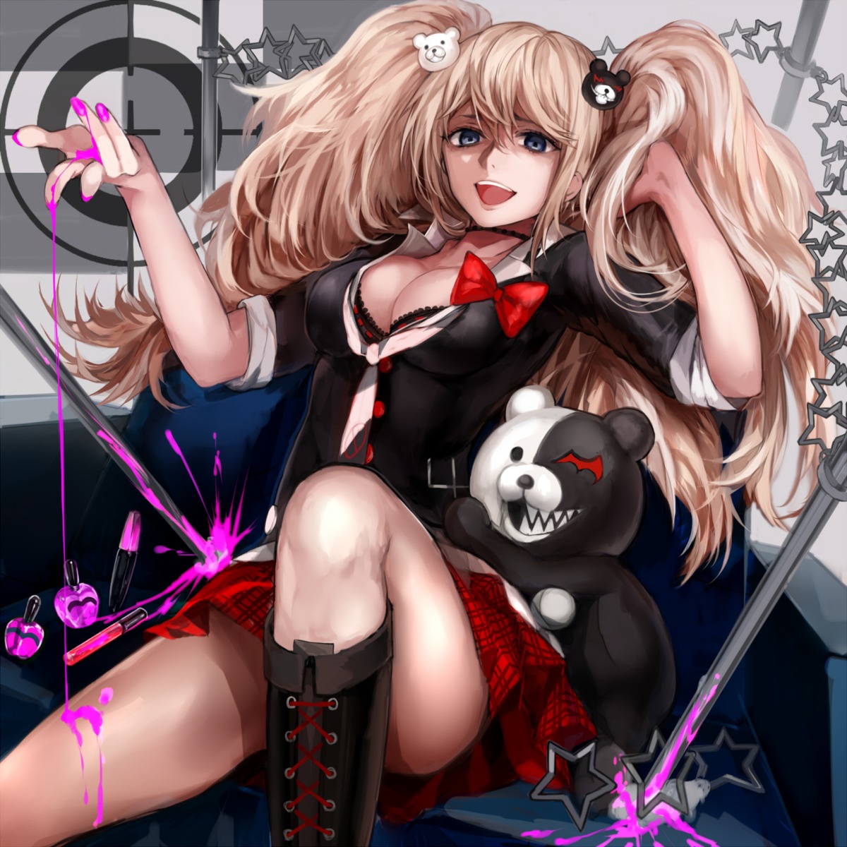 blood, bra, cleavage, dangan-ronpa, enoshima_junko, monokuma, seifuku, stockings