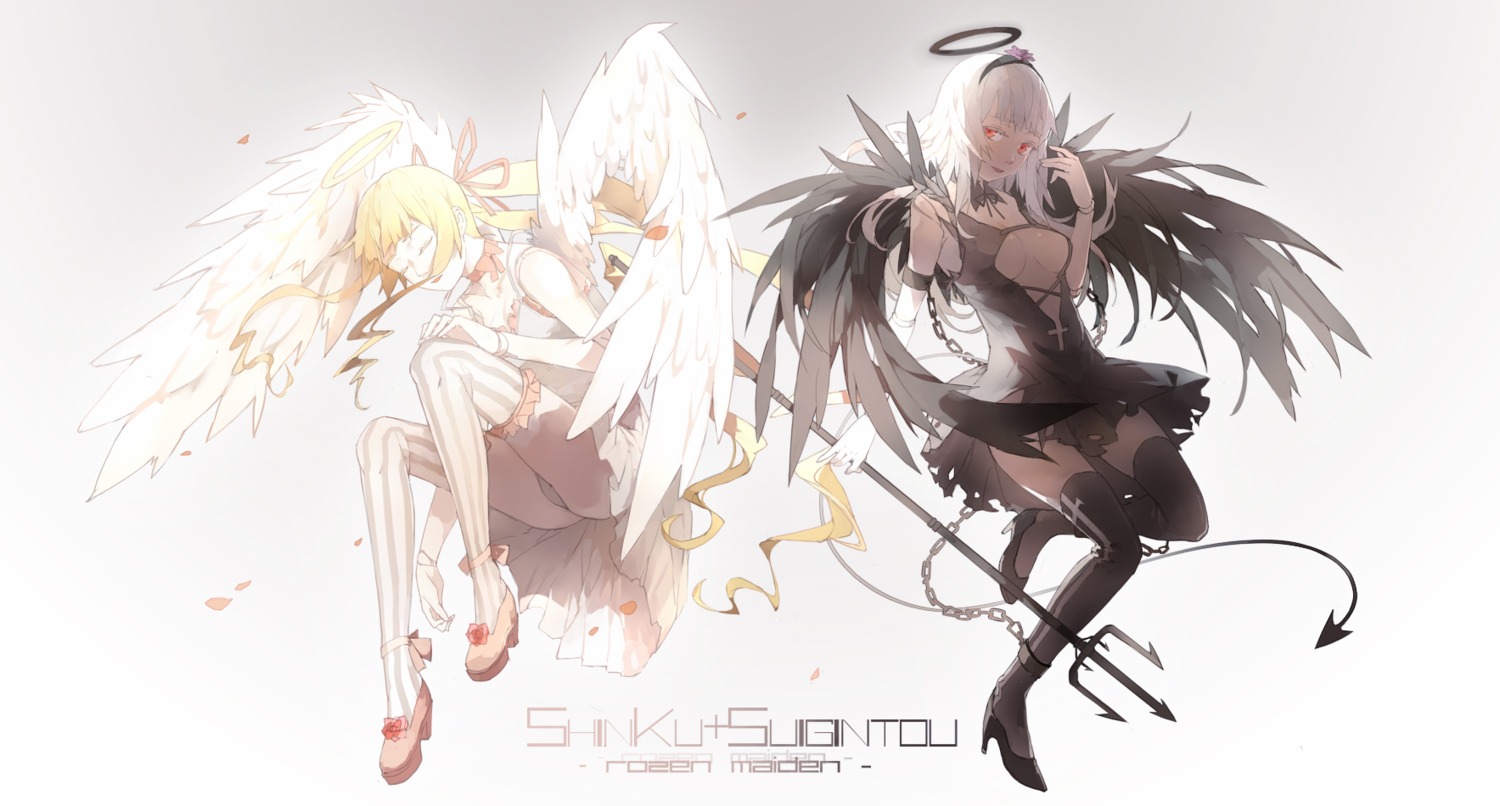 cleavage, nine, rozen_maiden, shinku, suigintou, thighhighs, weapon, wings