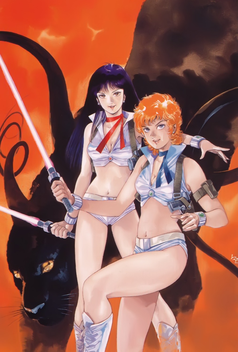 cleavage, dirty_pair, gun, overfiltered, sword, yasuhiko_yoshikazu