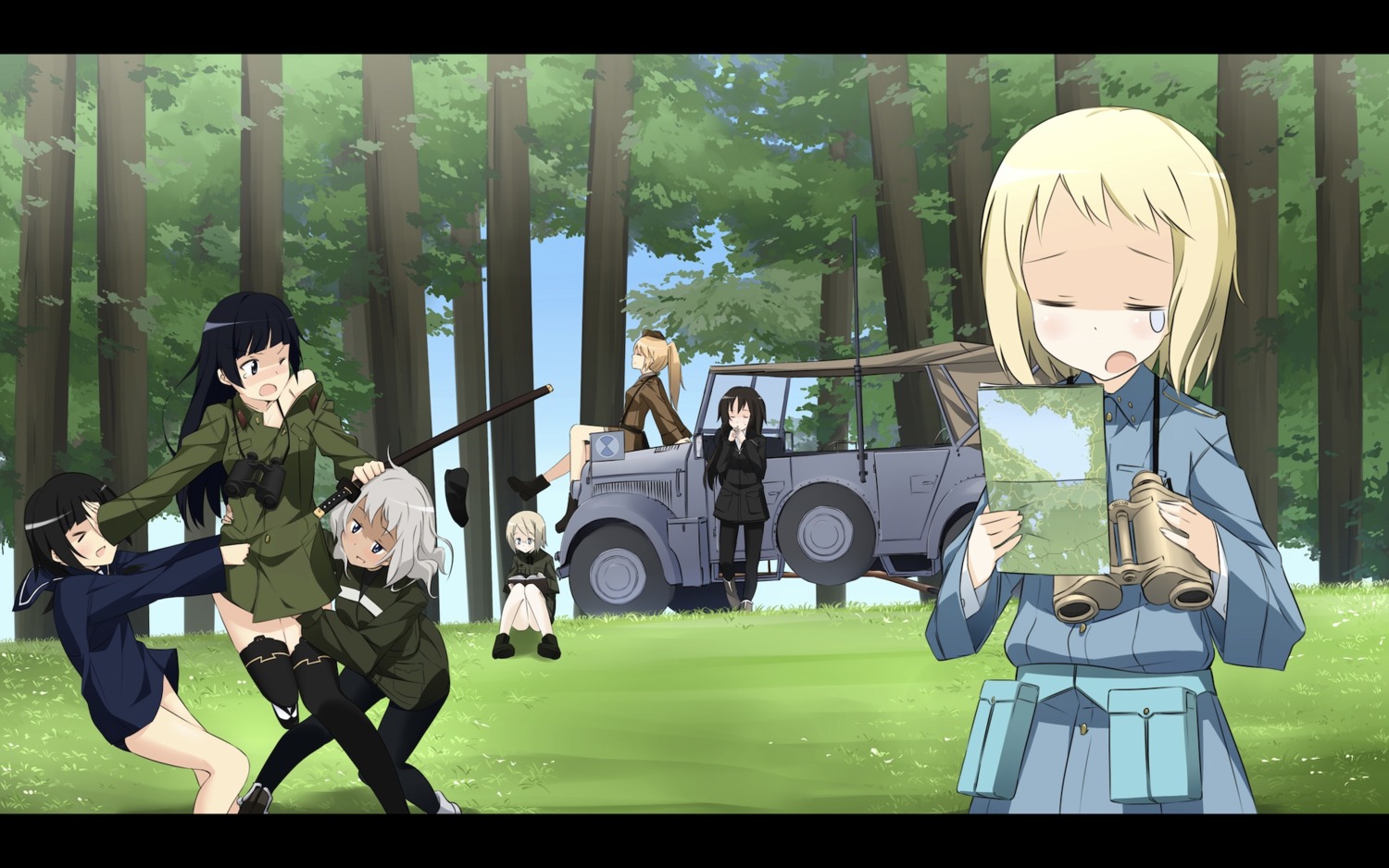 anabuki_tomoko, elizabeth_f_beurling, elma_leivonen, giuseppina_ciuinni, katharine_o'hare, moso, pantyhose, sakomizu_haruka, strike_witches, sword, thighhighs, ursula_hartmann, wallpaper