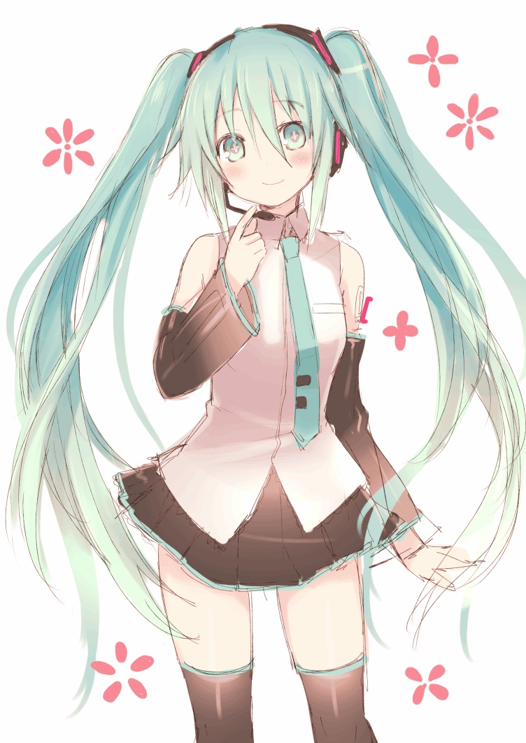 hatsune_miku, headphones, hiraga_matsuri, thighhighs, vocaloid