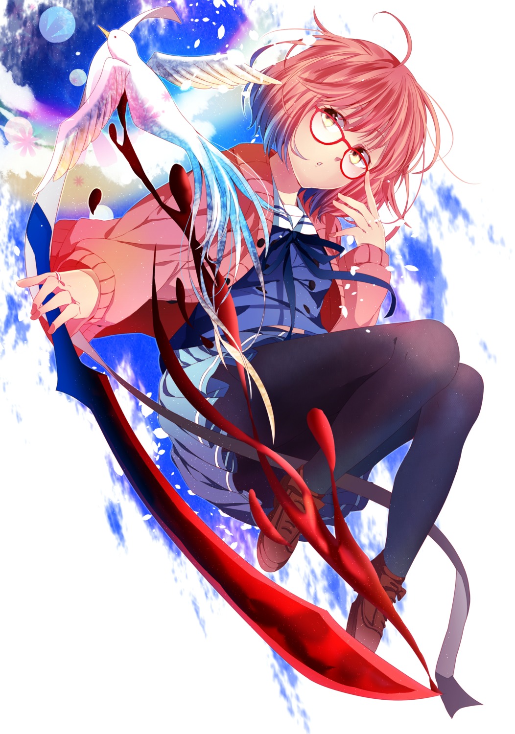azuma_(1009ace), blood, kuriyama_mirai, kyoukai_no_kanata, megane, pantyhose, seifuku, sword