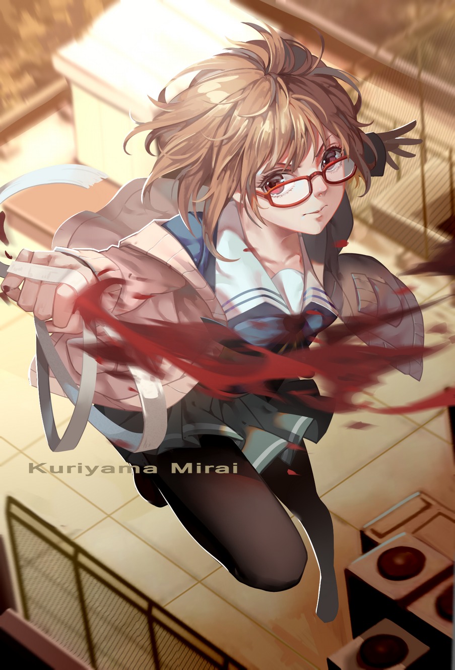 bandages, blood, kuriyama_mirai, kyoukai_no_kanata, lightofheaven, megane, pantyhose, seifuku