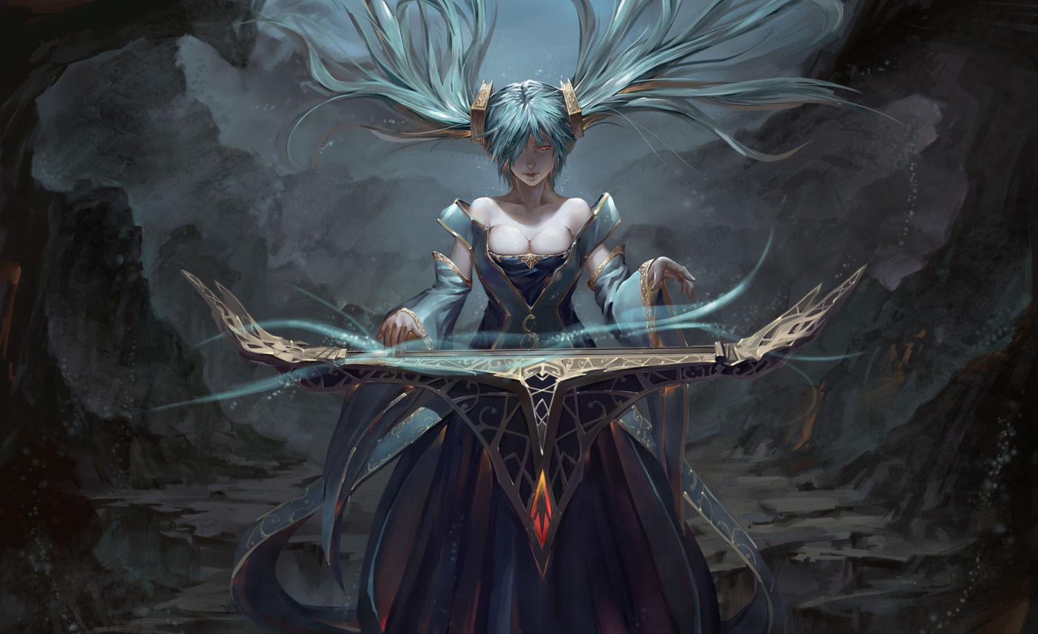 cleavage, dress, league_of_legends, sanyuejiuri, sona_buvelle