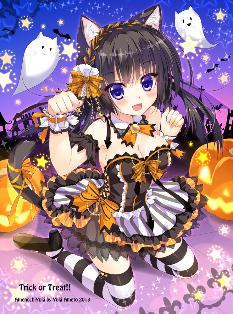 ameto_yuki, animal_ears, anzu_cocoa, cleavage, halloween, heels, lolita_fashion, nekomimi, see_through, tail, thighhighs