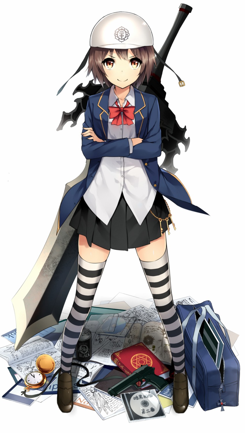 gun, mogumo, seifuku, sword, thighhighs