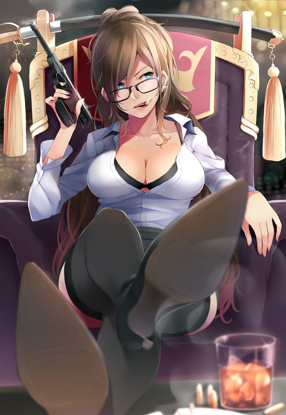 bra, cleavage, gun, megane, retsuna, thighhighs