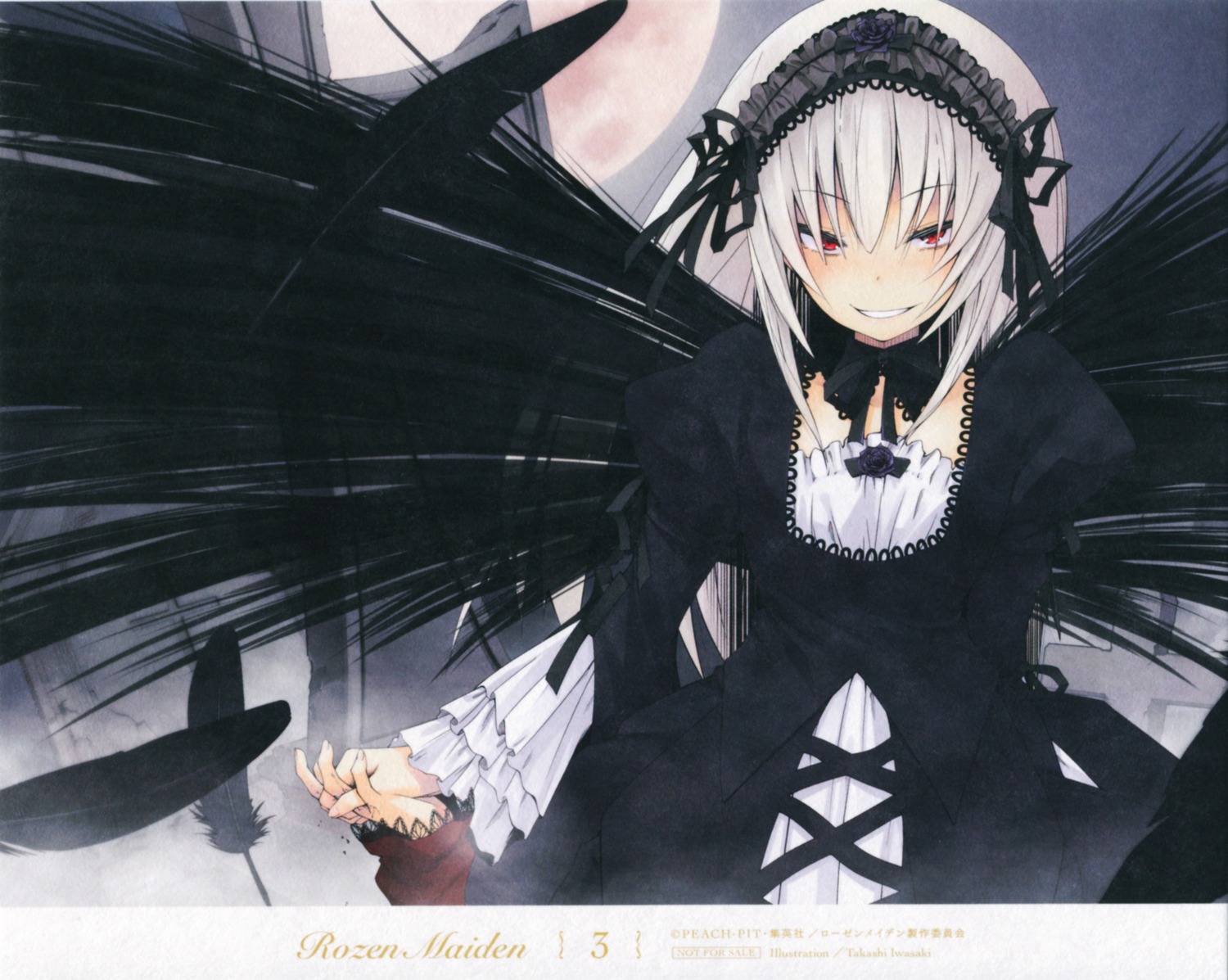 endcard, gothic_lolita, iwasaki_takashi, lolita_fashion, paper_texture, rozen_maiden, suigintou, wings