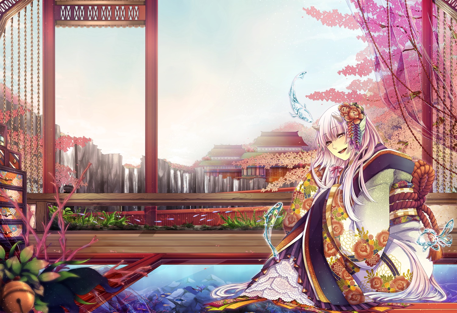 domco., horns, kimono, landscape, pixiv_fantasia, pixiv_fantasia_new_world