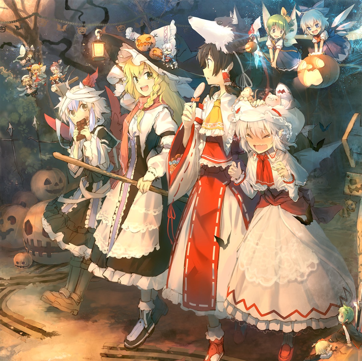 cirno, daiyousei, eho_(icbm), hakurei_reimu, halloween, kirisame_marisa, luna_child, morichika_rinnosuke
