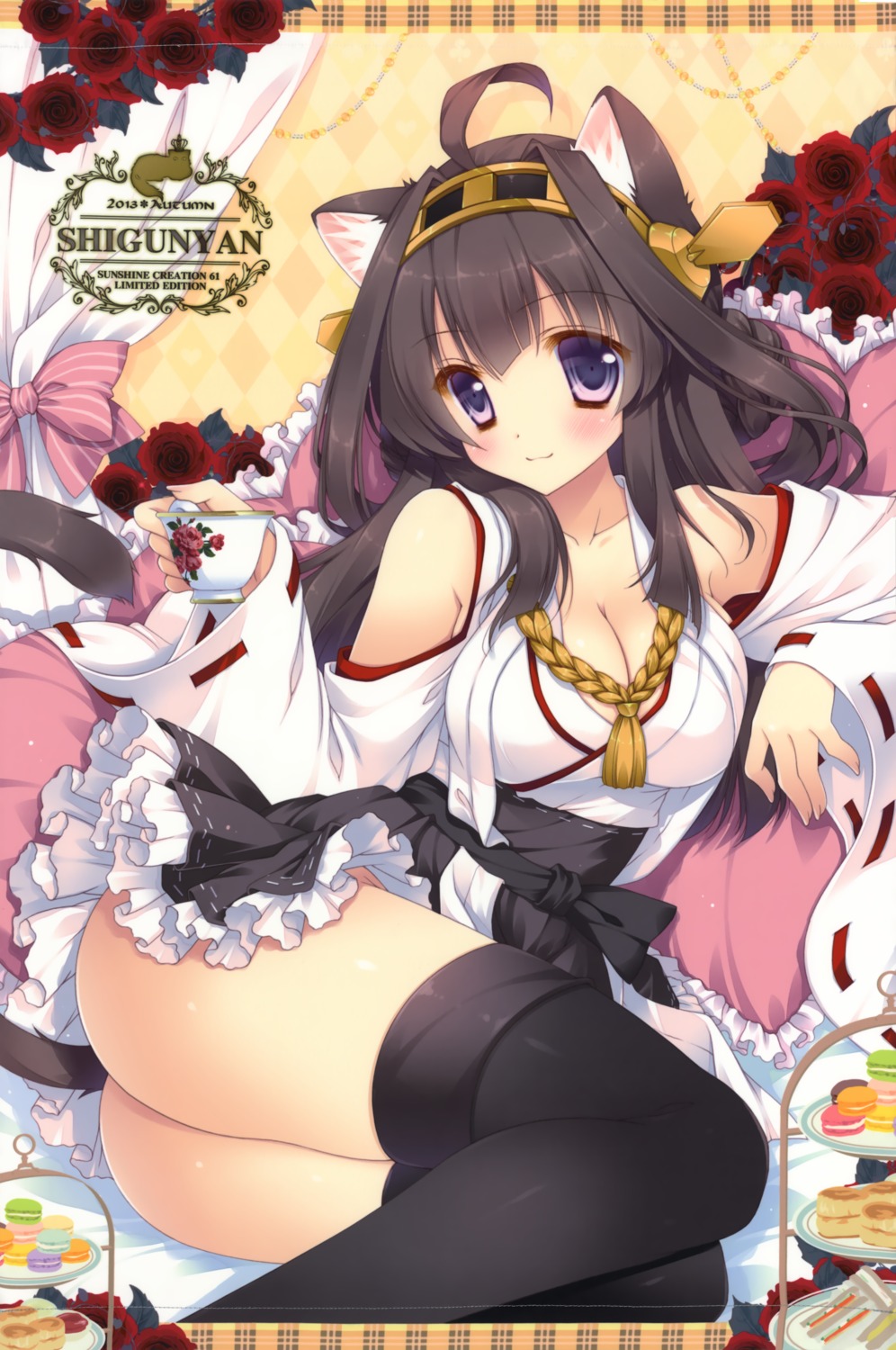 animal_ears, cleavage, kantai_collection, kongou_(kancolle), nekomimi, nopan, shigunyan, tail, thighhighs