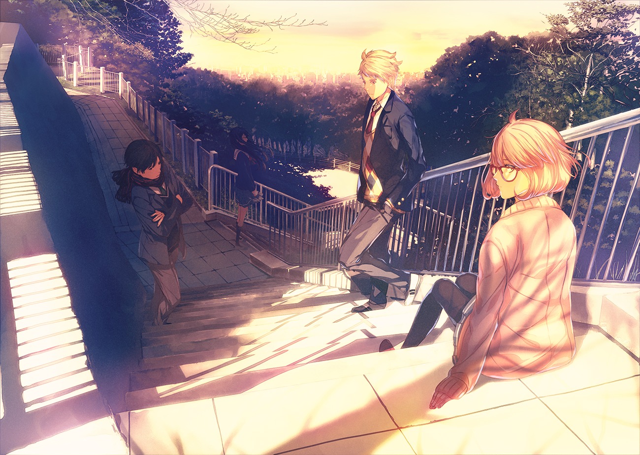 kanbara_akihito, kuriyama_mirai, kyoukai_no_kanata, megane, nase_hiroomi, nase_mitsuki, pantyhose, porigon, seifuku