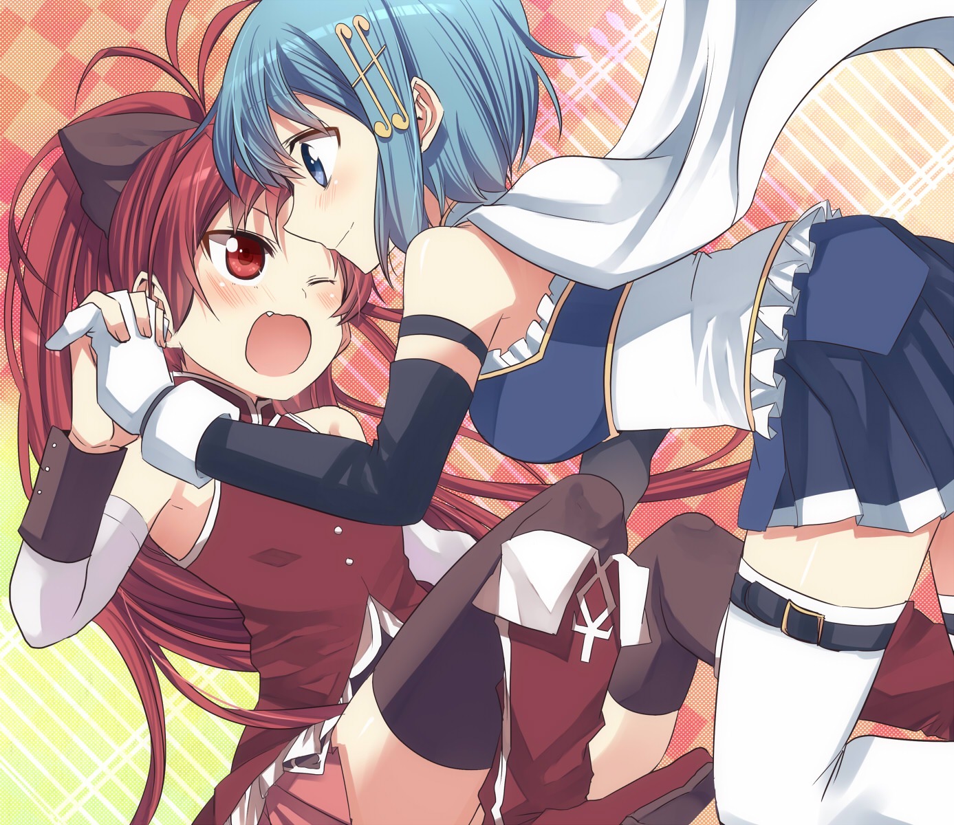aro, mahou_shoujo_madoka_magica, miki_sayaka, sakura_kyouko, thighhighs, yuri
