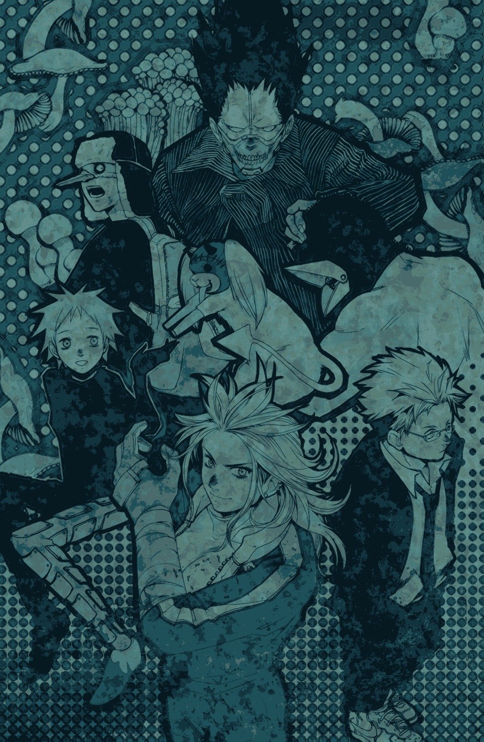 chota_(dorohedoro), dorohedoro, ebisu_(dorohedoro), en_(dorohedoro), fujita_(dorohedoro), kikurage_(dorohedoro), kuji, monochrome, noi_(dorohedoro), shin_(dorohedoro)