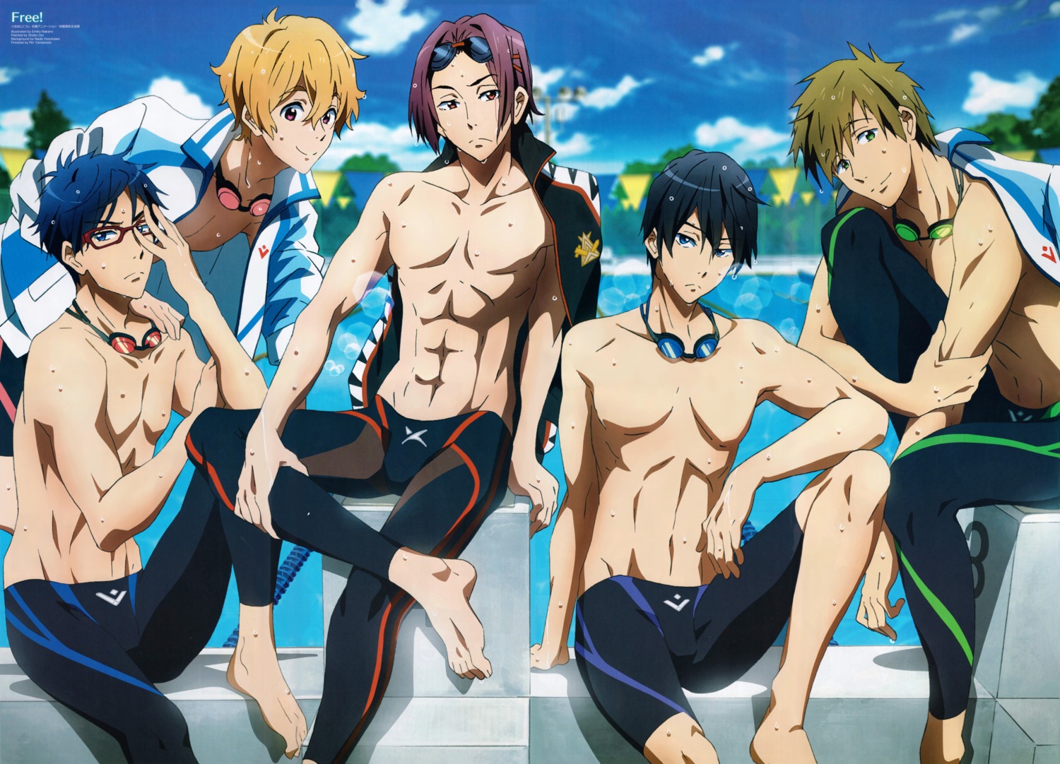 free!, hazuki_nagisa, male, matsuoka_rin, nakano_emiko, nanase_haruka, ryugazaki_rei, swimsuits