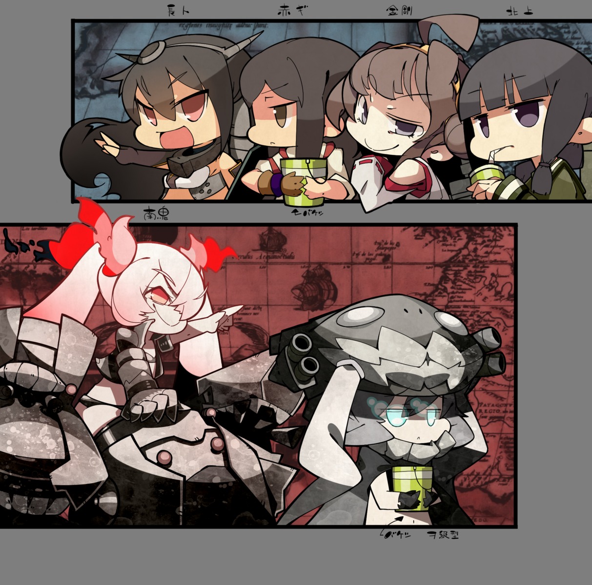 akagi_(kancolle), chibi, dateneco, kantai_collection, kitakami_(kancolle), kongou_(kancolle), nagato_(kancolle), southern_ocean_war_oni, wo-class_aircraft_carrier