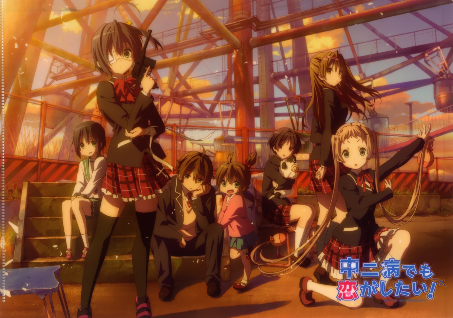 chuunibyou_demo_koi_ga_shitai!, dekomori_sanae, eyepatch, gun, neko, nibutani_shinka, seifuku, takanashi_rikka