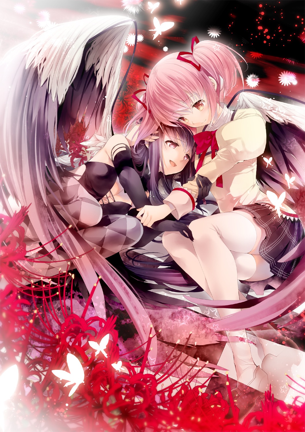akemi_homura, cotoji, kaname_madoka, mahou_shoujo_madoka_magica, seifuku, thighhighs, wings